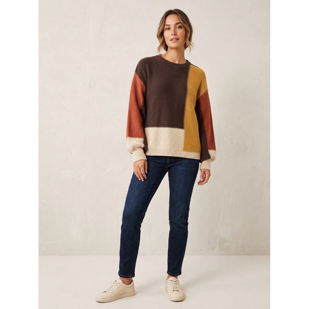 Wrap London Organic Cotton Color Block Sweater Brown Rust Mustard Fall Cozy 4